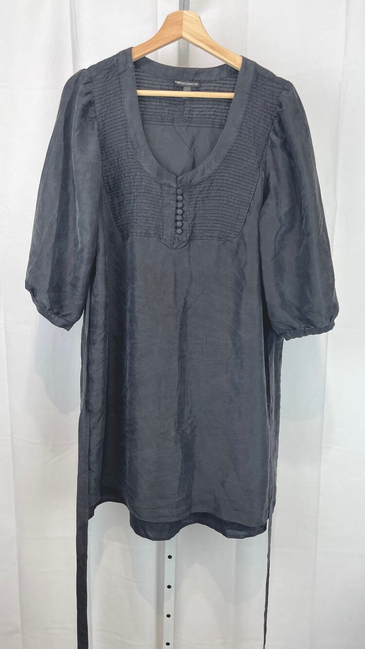 KATHRYN CONOVER Silk Popover Dress Pintuck Pleat Tie Back Gray Size 12